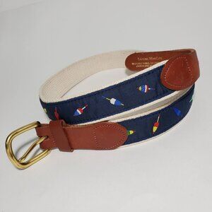 Leather Man Belt Nylon Canvas Fishing Bobbers Brass Buckle Blue Size 30